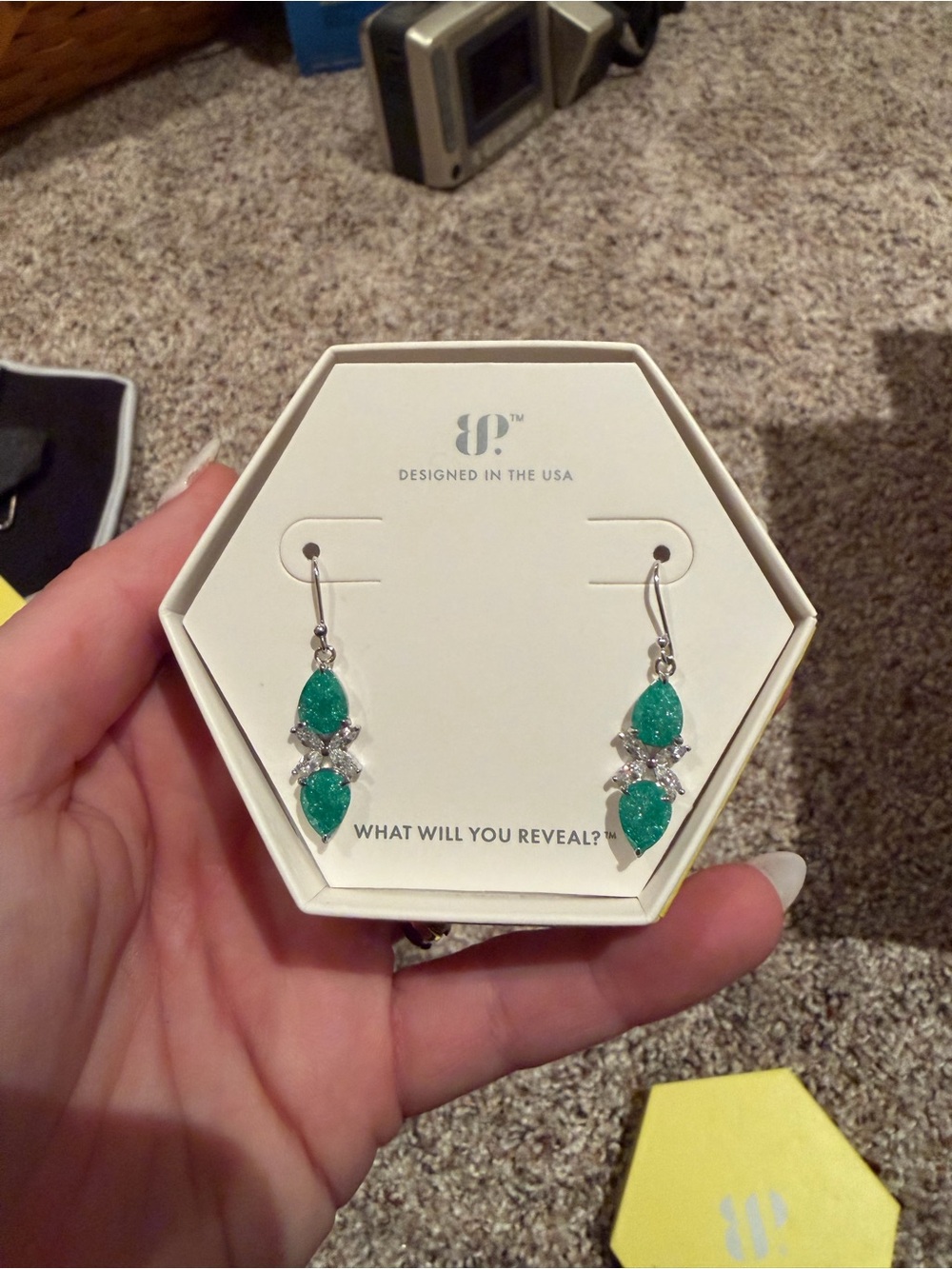 Green Teardrop Dangle Earrings - Silver Tone